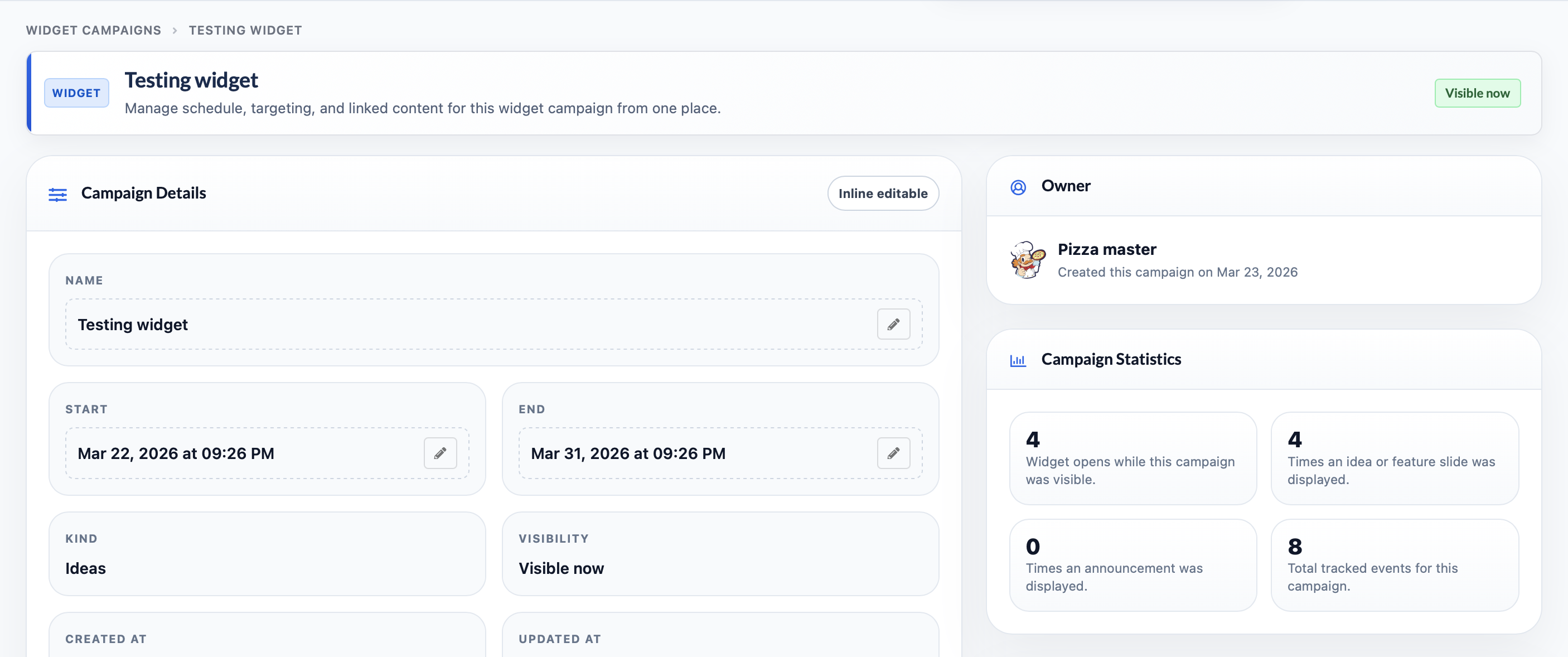 Widget campaign analytics view